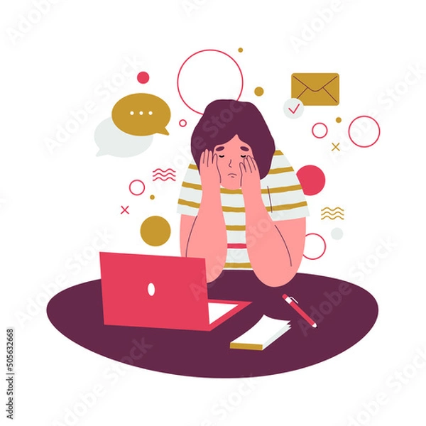 Fototapeta Upset girl at work. Overwork. Remote work. Vector illustration, character design.