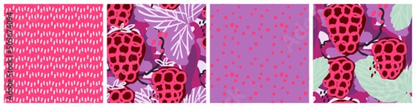 Fototapeta Raspberry seamless pattern set with modern abstract graphic in pink, mahogany, mint and lilac eye catching colors. Kitchen textile, product packaging background, colorful fabric print vector design.