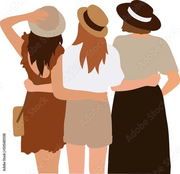 Fototapeta Three girls girlfriends in hats embracing stand with their backs