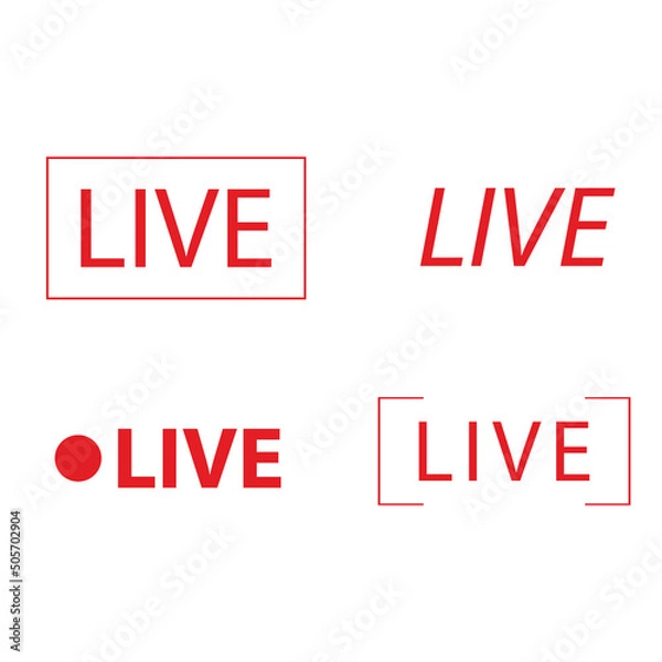Fototapeta Set of live streaming icons. Online channel, live event stickers isolated. Red symbols and buttons of live streaming, broadcasting, online stream.