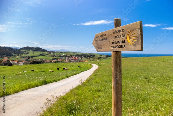 Obraz Wooden milestone indicating  route of the Camino de Santiago.