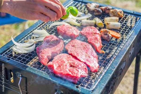 Obraz 屋外で金網に載せて焼く肉にスパイスを振るバーベキューのクローズアップ