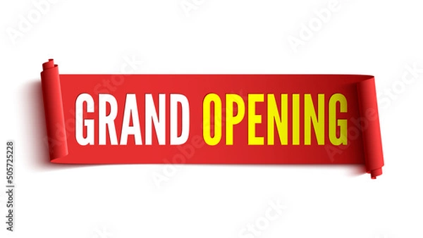 Fototapeta Grand opening banner. Red ribbon. Tag. Label. Sticker. Vector illustration.