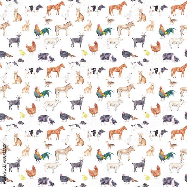 Fototapeta Seamless surface pattern design. Digital paper with watercolor farm animals. Horse,chicken, goat, rooster, dog, cow, rabbit, sheep, duck. Scrapbook, fabric and textile design, surface pattern design.