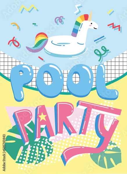 Fototapeta Invitation card template with cute cartoon pool float flamingo. Pool party illustration.