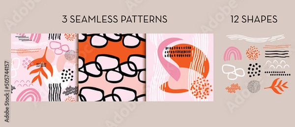 Fototapeta Abstract Seamless Patterns with Abstract Shapes in pink orange and black