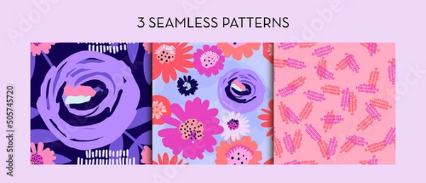 Fototapeta Abstract flowers Seamless Patterns in Pink Purple and Orange