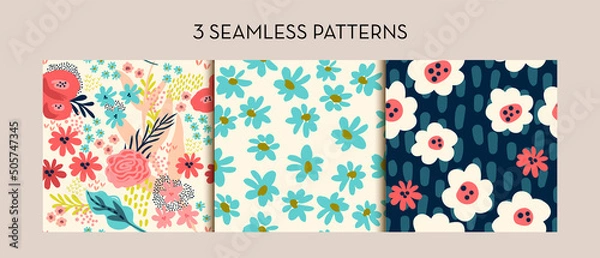 Fototapeta 3 seamless flower patterns with red blue and yellow flowers