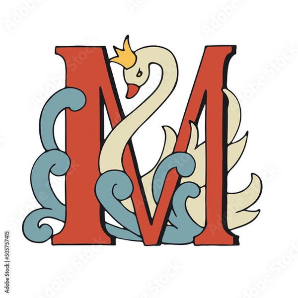Fototapeta Letters M Drop Caps. Vector hand-drawing letter. Fabulous ornament with a swan princess