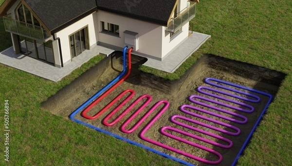 Fototapeta Horizontal ground source heat pump system for heating home with geothermal energy. 3D rendered illustration.