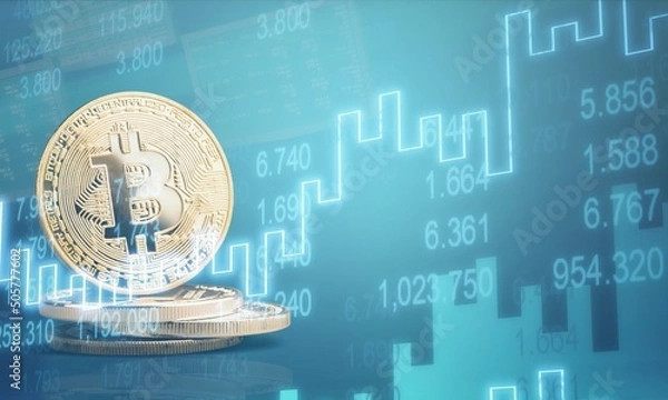 Fototapeta Chart with physical bitcoin. Investing in virtual assets concept.