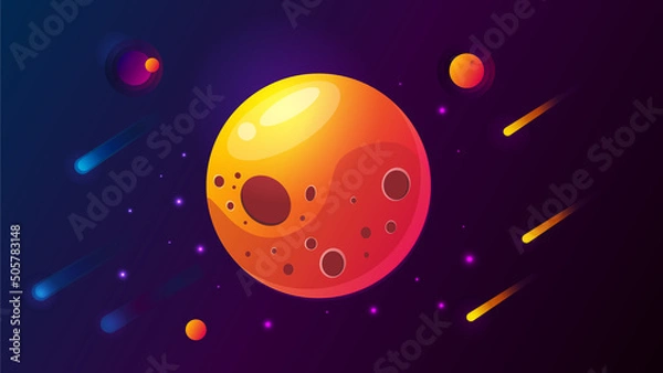Obraz space, stars, comets, meteors, constellations and planet background. Planet surface with craters, stars and comets in dark space. asteroid unsuitable for life. no atmosphere. interplanetary flights