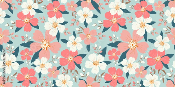 Fototapeta Floral seamless pattern. Vector botanical illustration. Bouquet of white and pink flowers with brown twigs on a blue isolated background