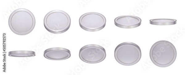 Fototapeta 3d realistic empty silver coin rotating animation. Money cash for gambling games, treasure, finance or casino jackpot concept. Silver coins currency top, side and perspective view vector set