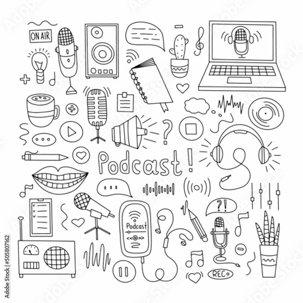 Fototapeta Podcast doodle round badge with electronic symbols, handwritten lettering. Online education concept and decoration. Text and podcasts symbols isolated on white background. Broadcast vector.