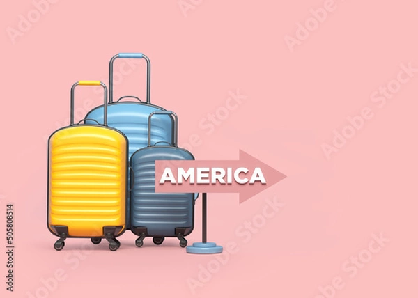 Fototapeta Colorful travel luggage and tiny road signs. On pink coral color background. Horizontal composition. The background is an endless backdrop. Isolated with clipping path.