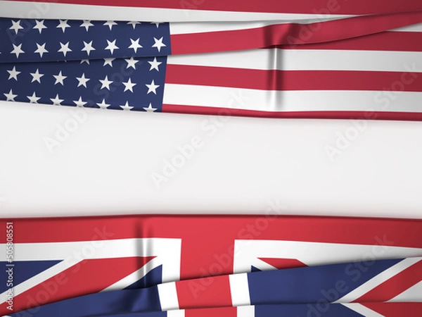 Fototapeta American and English flags are on a white-colored background. Horizontal composition with copy space. Isolated with clipping path