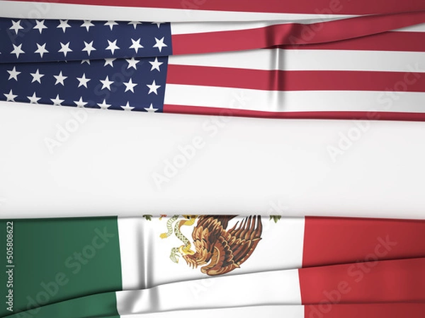 Fototapeta American and Mexican flags are on a white-colored background. Horizontal composition with copy space. Isolated with clipping path