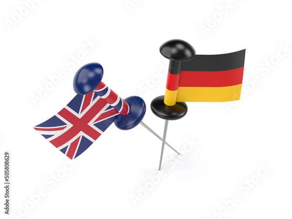Fototapeta English and German flags. On white-colored background. Horizontal composition with copy space. Isolated with clipping path.