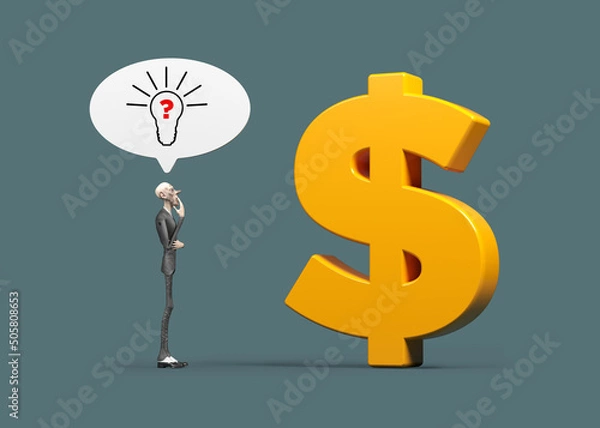 Fototapeta Orange color dollar symbol and 3d character, innovation concept. On dark green color endless backdrop. Horizontal composition. ısolated with clipping path.