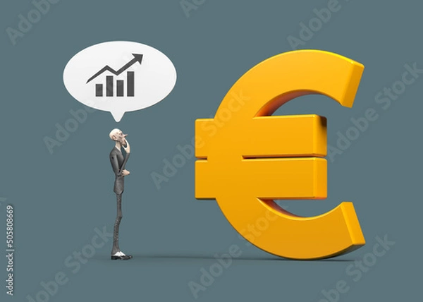 Fototapeta Orange color euro symbol, finance chart, and 3d character. On dark green color endless backdrop. Horizontal composition. ısolated with clipping path.