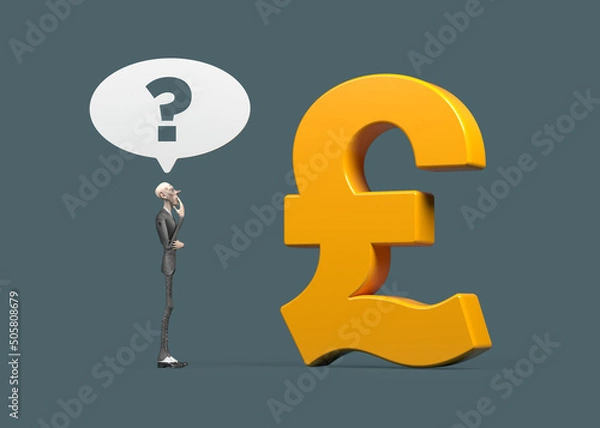 Fototapeta Orange color pound symbol, question mark, and 3d character. On dark green color endless backdrop. Horizontal composition. ısolated with clipping path.