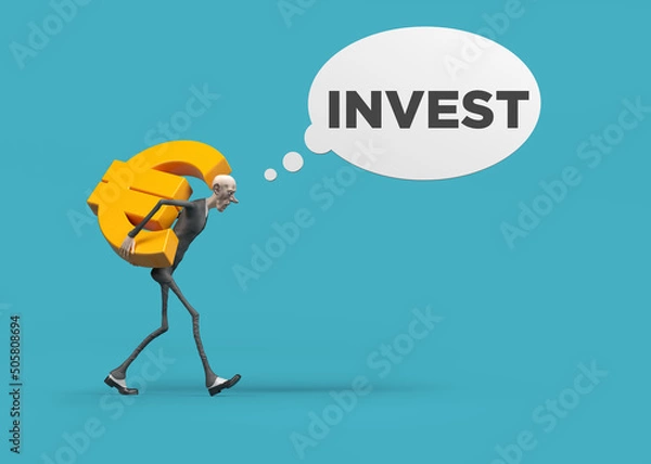 Fototapeta Orange color euro symbol and 3d character, investment concept. On the dark blue color endless backdrop. Horizontal composition. ısolated with clipping path.