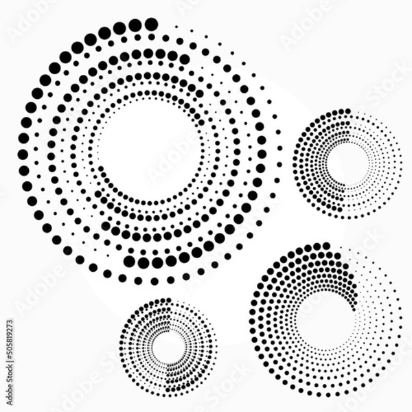 Fototapeta Halftone logo set. Circular dotted logo isolated on the white background. Garment fabric design set. Halftone circle dots texture, pattern, background. Vector design element. Vector illustrations.