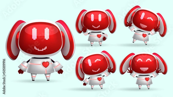 Fototapeta Robot animal characters vector set. Robotic kawaii girls character with cute facial gestures in pixels for friendly modern cyborg mascot design. Vector illustration.
