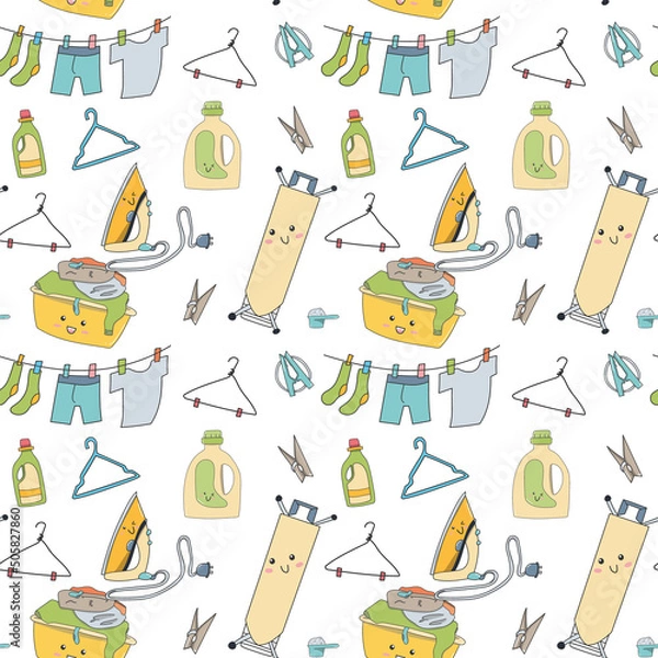 Fototapeta doodle seamless pattern of items for home cleaning. Kawaii smiling faces, cute items. Vector illustration
