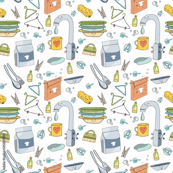 Fototapeta doodle seamless pattern of items for home cleaning. Kawaii smiling faces, cute items. Vector illustration