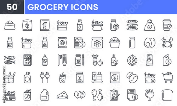 Obraz Supermarket Grocery Store vector line icon set. Contains linear outline icons like Bakery, Milk, Vegetable, Dairy, Cheese, Rice, Coffee, Seafood, Fish, Chicken, Fruit, Cart. Editable use and stroke.