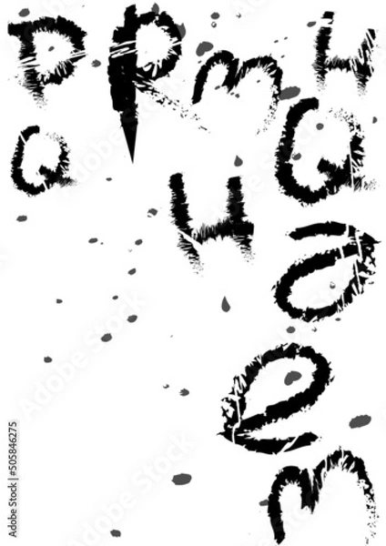 Obraz Grunge word cloud abstract background vector. Scratch magazine pattern, urban street graffiti art. Rough letter, ink brush splash, dirty stain wallpaper. Monochrome newspaper backdrop illustration.