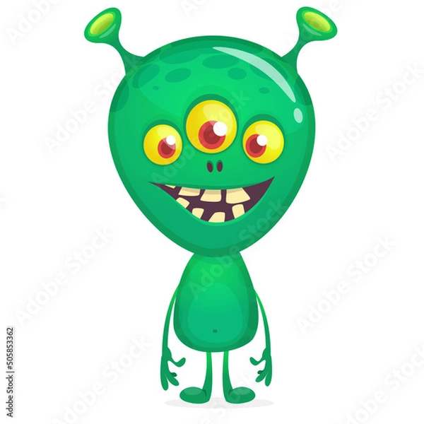 Fototapeta Funny cartoon smiling monster creature. Halloween Illustration of happy alien character. Vector isolated