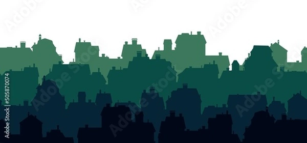 Obraz Small city houses residential quarters. Isolated on white background. Cityscape with buildings. Horizontal seamless composition. Housing silhouettes. Vector