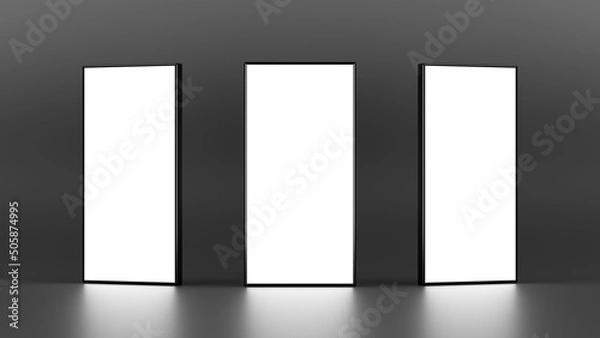 Fototapeta Three rectangle lightboxe stands on dark background. 3D illustration