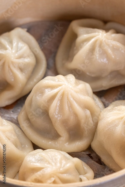 Fototapeta Steamed pork soup dumplings named Xiao long bao in Taiwan.