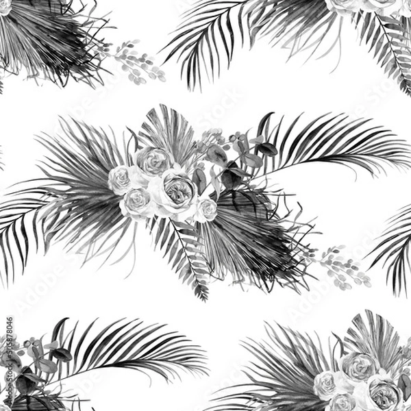Fototapeta Seamless black and white pattern with a Bouquet of roses and tropical dried flowers in Boho style