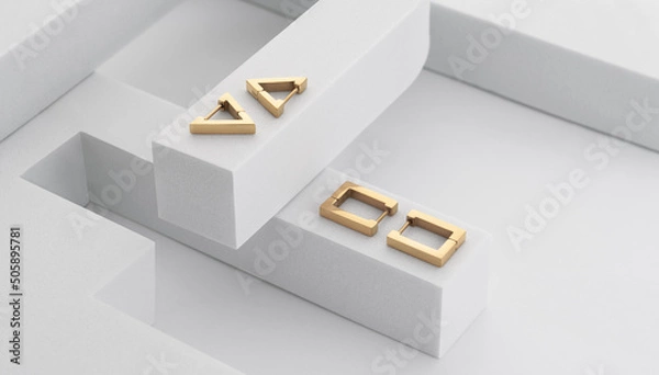 Fototapeta Geometric shape modern golden earrings on white geometric forms with copy space