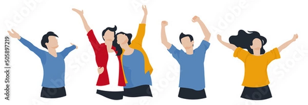 Obraz Happy people. People raised their hands up and enjoy life. Man and woman embrace. A set of characters. Vector image.