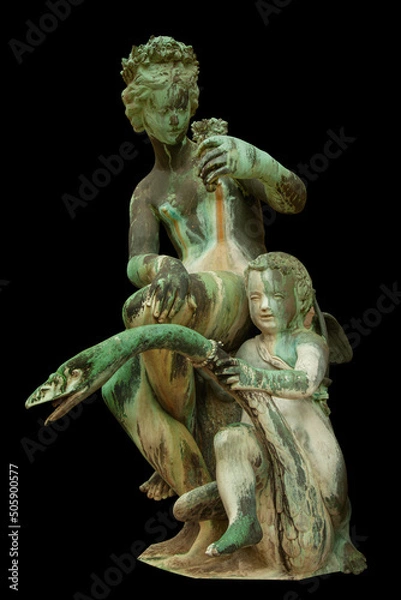 Fototapeta Olympic goddess of love and beauty Aphrodite (Venus) with little Cupid (Amur) and swan. An ancient statue.