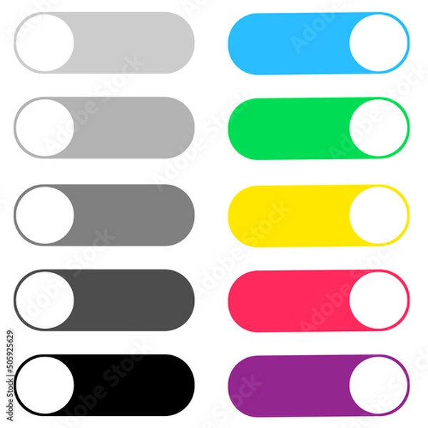 Obraz On Off switcher isolated on white background. image jpeg illustration. Collection of on and off buttons. Slider buttons. jpg illustration. colorful

