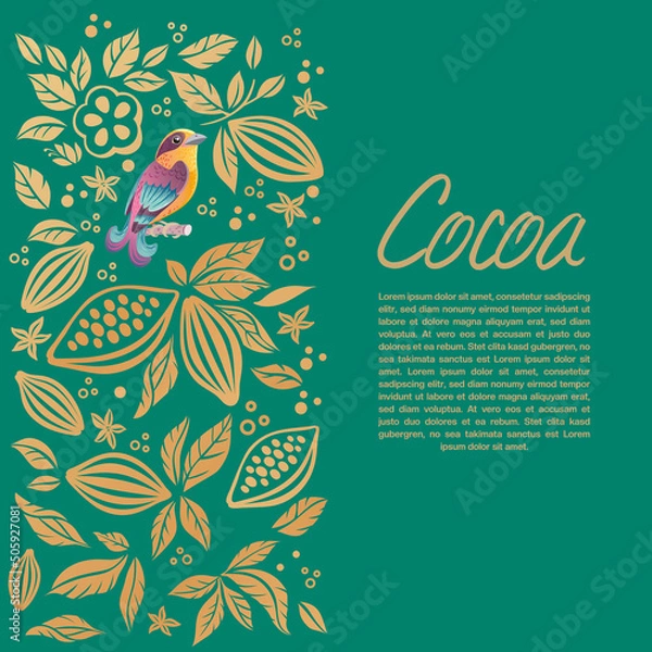 Fototapeta Cocoa Beans and Nut. chocolate ornament. Cocoa bean, leaves and nut. Natural, organic decorative decor. Chocolate bar label design. Textile, fabric print in monochromatic texture.