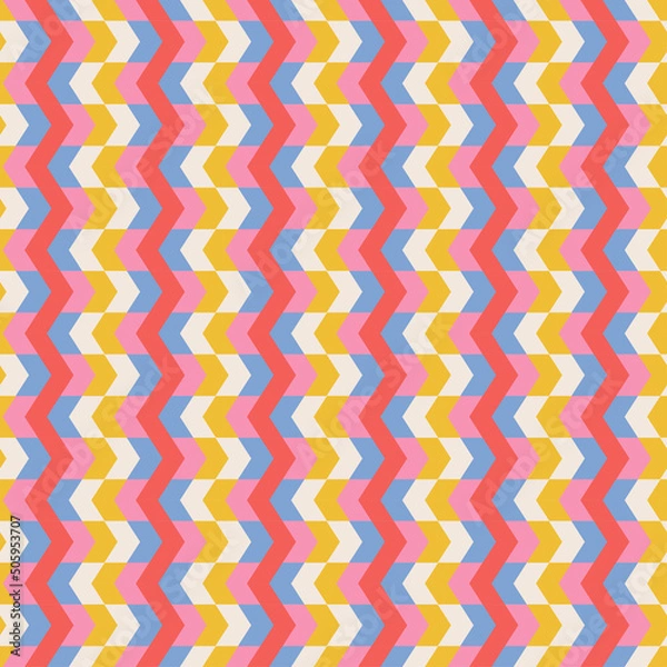 Fototapeta Retro Groovy Zigzag Psychedelic seamless pattern. Checkerboard in 70s years style Background. Stationary Fashion Textile Repeat backdrop. Vector illustration