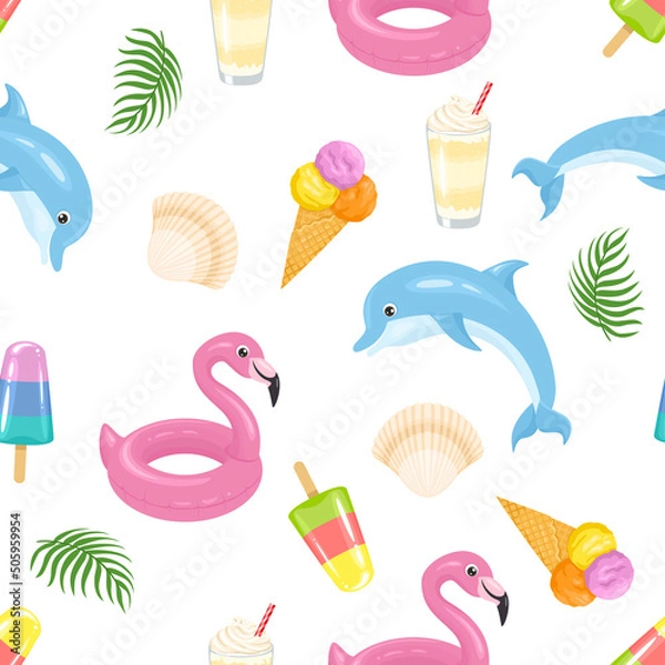 Fototapeta Summer sea beach seamless pattern. Vector background with inflatable flamingo float, dolphin, ice cream, shells and milkshakes. Cartoon illustration.