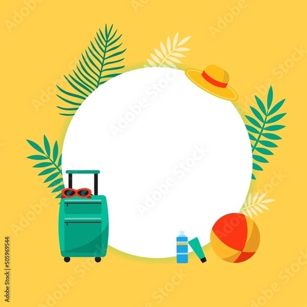 Fototapeta Vector summer vacation frame background with cute suitcase and beach accessories. Bright colors design.