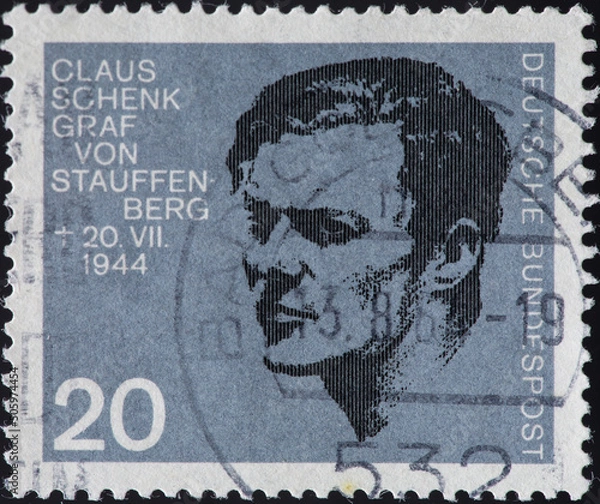 Fototapeta GERMANY - CIRCA 1964: a postage stamp from GERMANY, showing a portrait of the resistance fighter against Hitler Claus Schenk Graf von Stauffenberg . Circa 1964