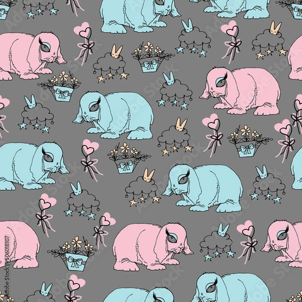 Fototapeta Cute funny pink and blue rabbits are located in a clearing with baskets of flowers. Seamless patterns for printing on textiles, packaging, stationery, backdrop, newspaper, postcard and scrapbook.
