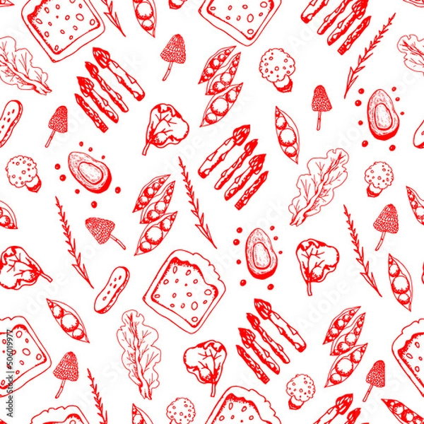 Fototapeta Vegetable patterns of avocado and lettuce for kitchen designs. Juicy vegetables and slices of bread intertwined in a seamless texture for printing on fabric and packaging.
