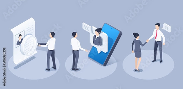Fototapeta isometric vector illustration on a gray background, people in business clothes communicate online and physically, studying a resume and interviewing a hired worker